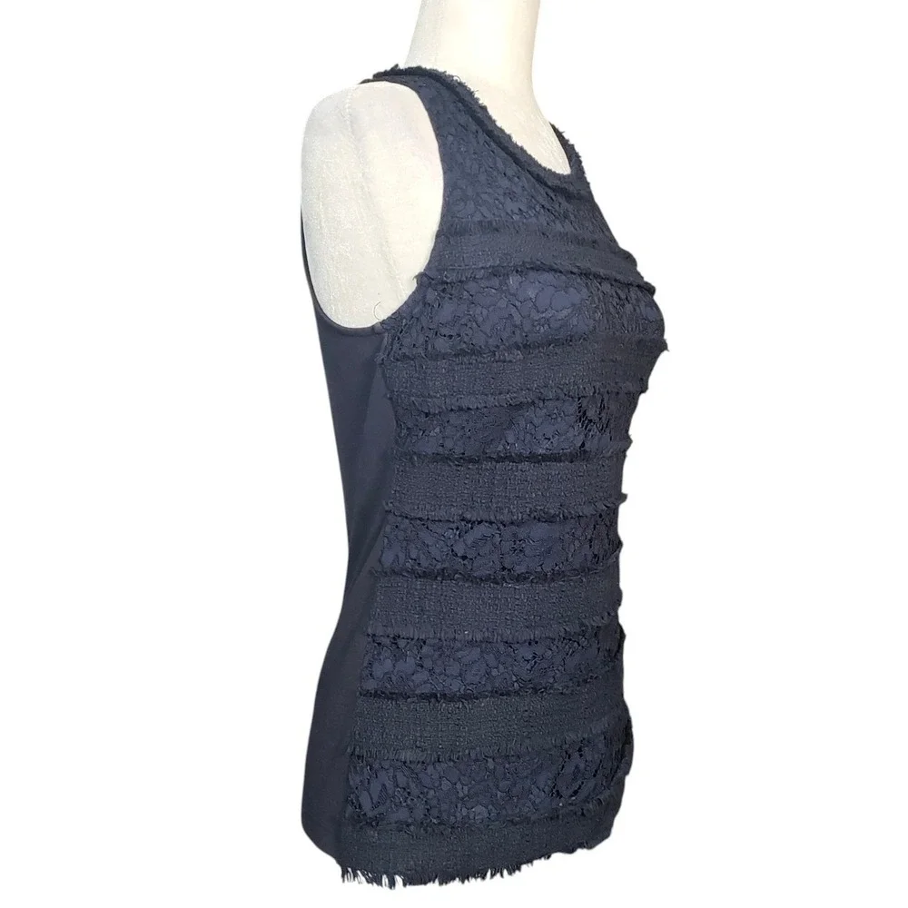 J. Crew Navy Blue Lace Trim Top Sleeveless Mixed Media Office Career Preppy XS